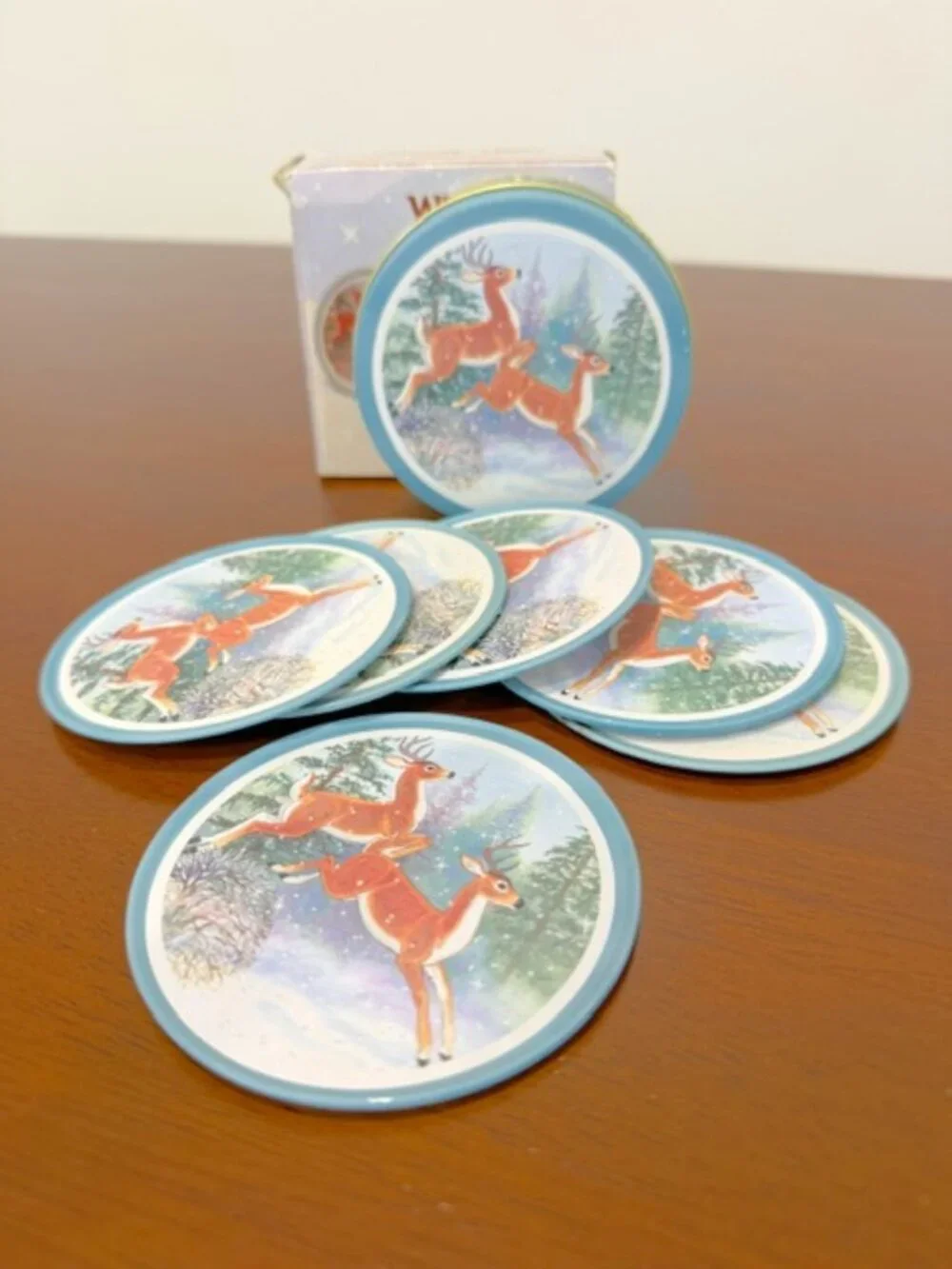 VTG JSNY Cottagecore Winter Deer Coasters 6pc Set With Tin.